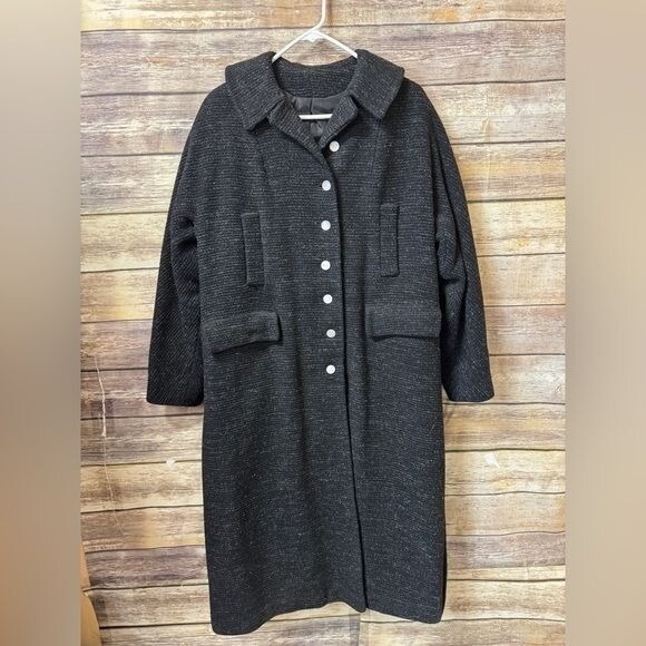 Vintage 1960's Trench Coat L Large Black Gray White Buttons L Large - Picture 6 of 6